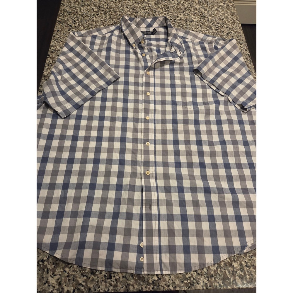 Faded Glory Mens 3XL Blue Grey Plaid Short Sleeve Button Down Shirt Cotton Blend